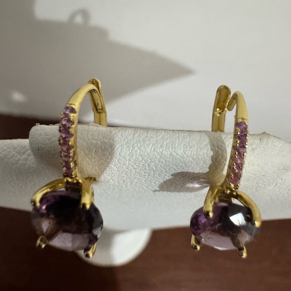 Pink tourmaline garnet gemstone drop style earrings gold filled - Picture 3 of 16